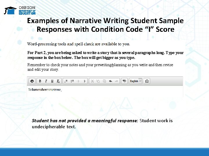 Examples of Narrative Writing Student Sample Responses with Condition Code “I” Score For Part