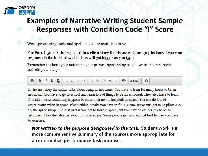 Examples of Narrative Writing Student Sample Responses with Condition Code “I” Score For Part