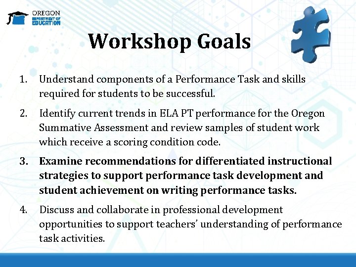 Workshop Goals 1. Understand components of a Performance Task and skills required for students