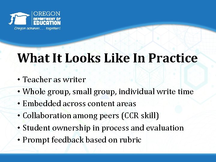 What It Looks Like In Practice • Teacher as writer • Whole group, small