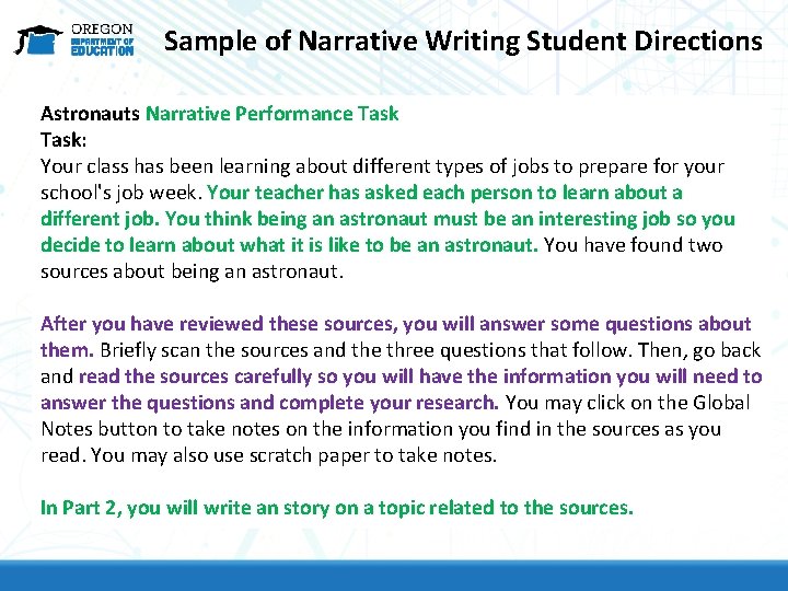 Sample of Narrative Writing Student Directions Astronauts Narrative Performance Task: Your class has been