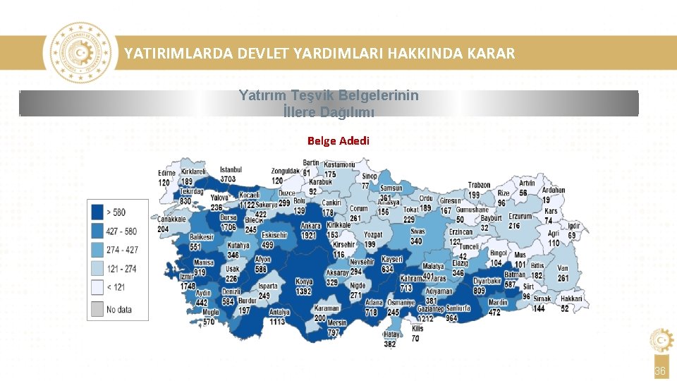 YATIRIMLARDA DEVLET YARDIMLARI HAKKINDA KARAR Yatırım Teşvik Belgelerinin İllere Dağılımı Belge Adedi 36 