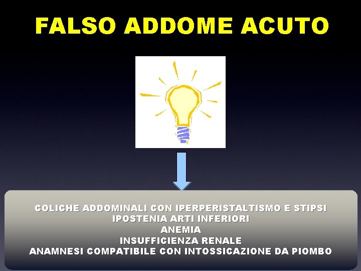 FALSO ADDOME ACUTO COLICHE ADDOMINALI CON IPERPERISTALTISMO E STIPSI IPOSTENIA ARTI INFERIORI ANEMIA INSUFFICIENZA