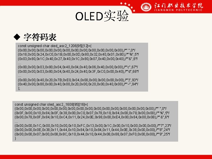 OLED实验 u 字符码表 const unsigned char oled_asc 2_1206[95][12]={ {0 x 00, 0 x 00,