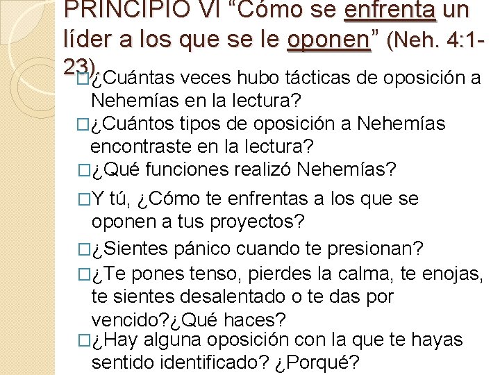 PRINCIPIO VI “Cómo se enfrenta un líder a los que se le oponen” (Neh.