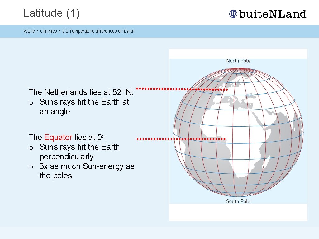 Latitude (1) World > Climates > 3. 2 Temperature differences on Earth The Netherlands Latitude (1) World > Climates > 3. 2 Temperature differences on Earth The Netherlands