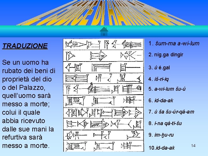 TRADUZIONE 1. šum-ma a-wi-lum 2. níg. ga dingir Se un uomo ha rubato dei