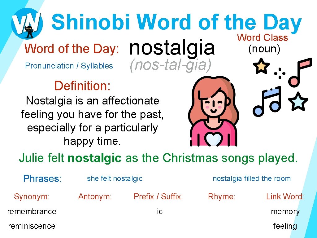 Shinobi Word of the Day Word Class (noun) Word of the Day: nostalgia Pronunciation