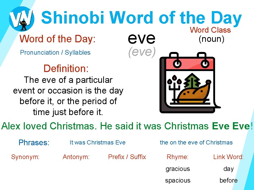 Shinobi Word of the Day Word Class (noun) Word of the Day: eve (eve)