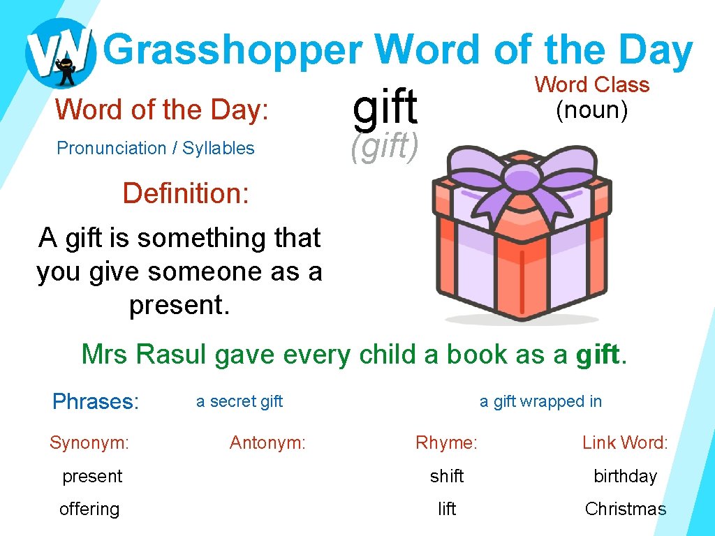 Grasshopper Word of the Day: Pronunciation / Syllables Word Class gift (noun) (gift) Definition: