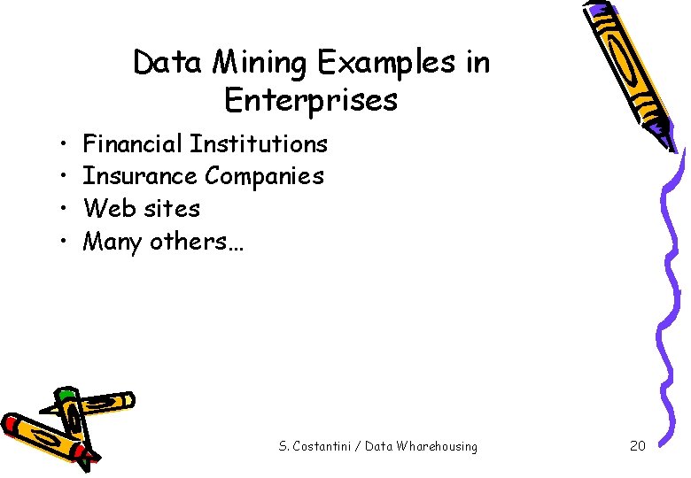 Data Mining Examples in Enterprises • • Financial Institutions Insurance Companies Web sites Many