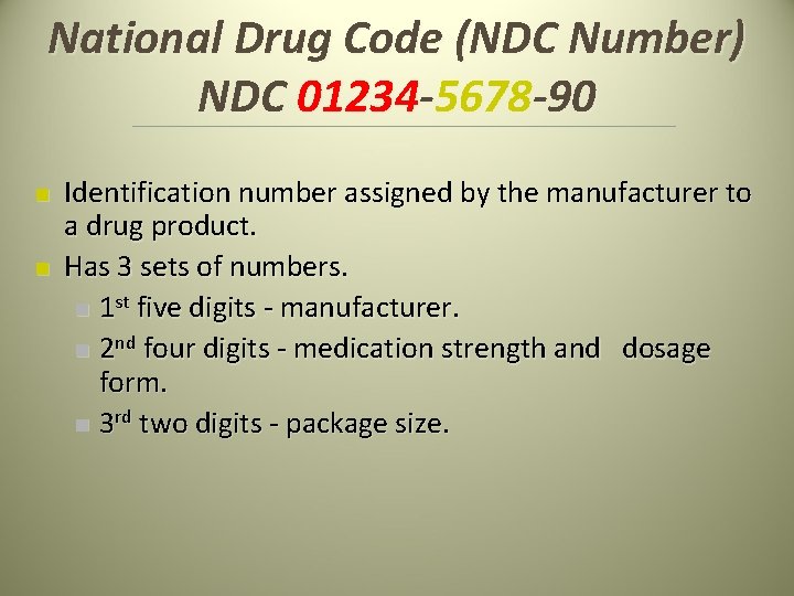National Drug Code (NDC Number) NDC 01234 -5678 -90 n n Identification number assigned National Drug Code (NDC Number) NDC 01234 -5678 -90 n n Identification number assigned