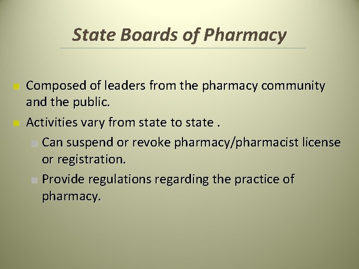 State Boards of Pharmacy n n Composed of leaders from the pharmacy community and State Boards of Pharmacy n n Composed of leaders from the pharmacy community and