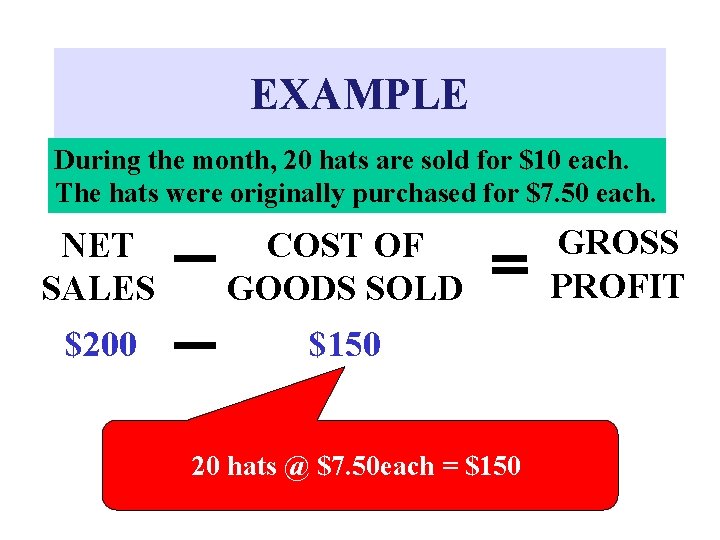 EXAMPLE During the month, 20 hats are sold for $10 each. The hats were