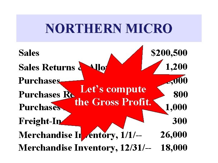 NORTHERN MICRO Sales $200, 500 1, 200 Sales Returns & Allowances Purchases 105, 000