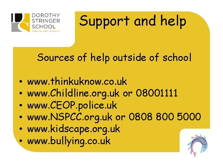 Support and help Sources of help outside of school • • • www. thinkuknow.