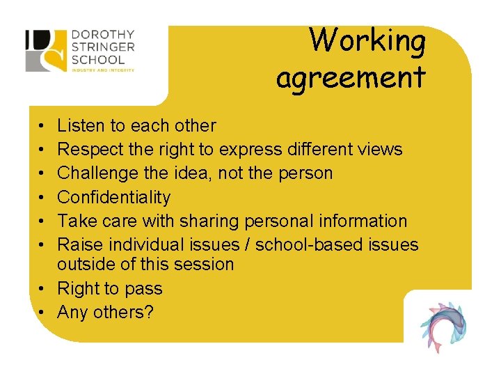 Working agreement • • • Listen to each other Respect the right to express