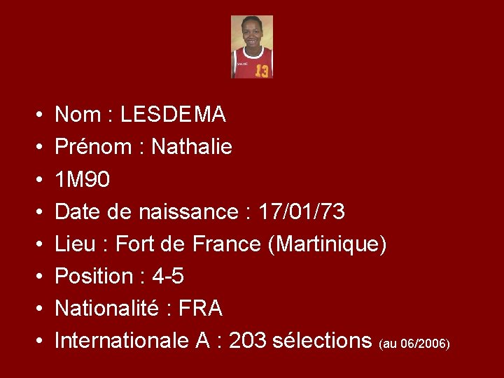  • • Nom : LESDEMA Prénom : Nathalie 1 M 90 Date de