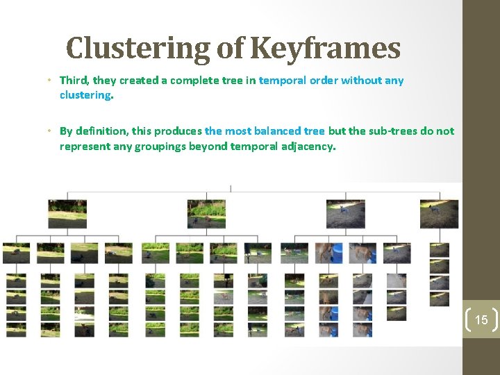 Clustering of Keyframes • Third, they created a complete tree in temporal order without