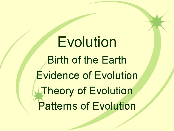 Evolution Birth of the Earth Evidence of Evolution Theory of Evolution Patterns of Evolution