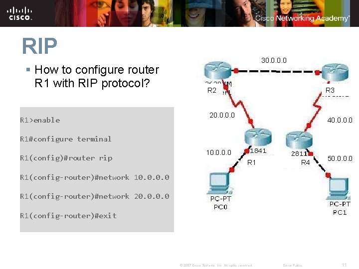 RIP § How to configure router R 1 with RIP protocol? R 1>enable 30.