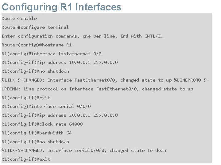 Configuring R 1 Interfaces Router>enable Router#configure terminal Enter configuration commands, one per line. End