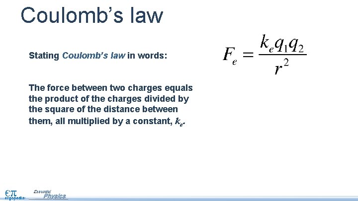 Coulomb’s law Stating Coulomb’s law in words: The force between two charges equals the