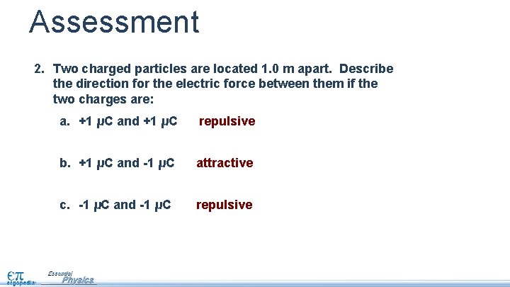 Assessment 2. Two charged particles are located 1. 0 m apart. Describe the direction