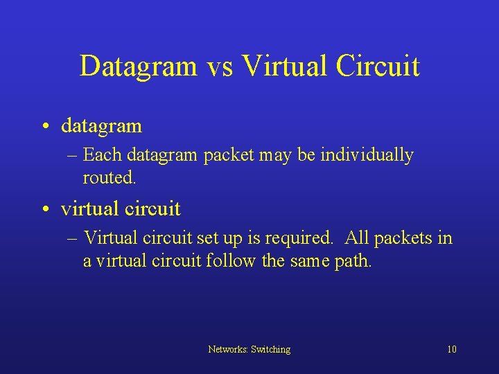 Datagram vs Virtual Circuit • datagram – Each datagram packet may be individually routed.