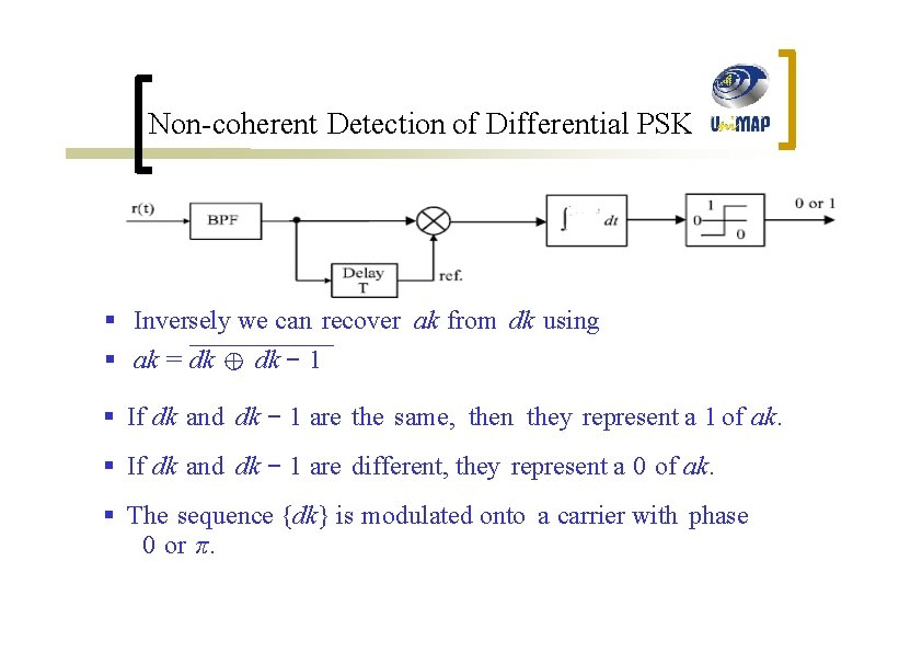 Non-coherent Detection of Differential PSK § Inversely we can recover ak from dk using