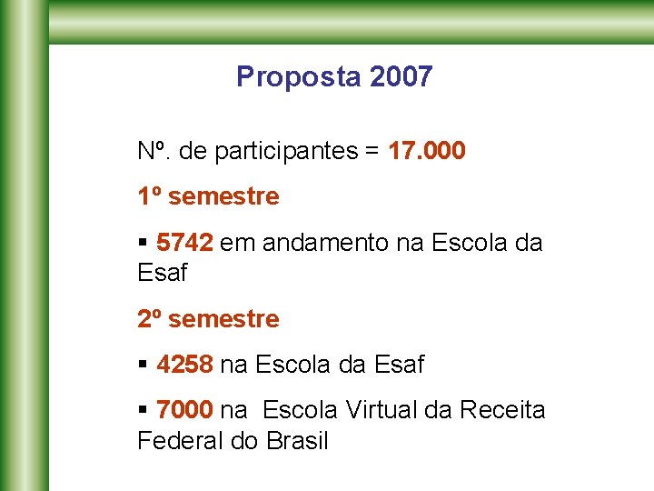 Proposta 2007 Nº. de participantes = 17. 000 1º semestre § 5742 em andamento