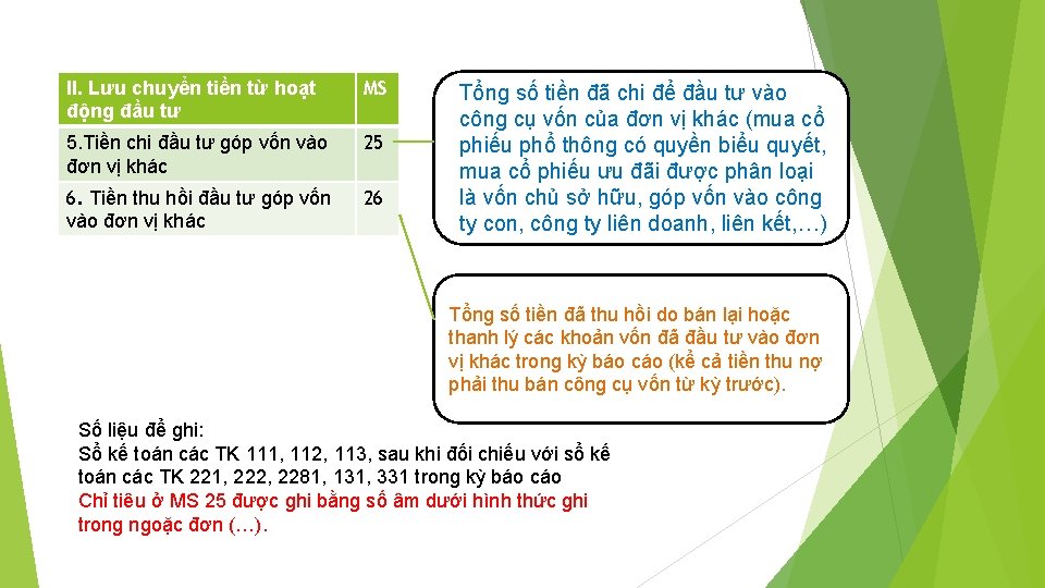 II. Lưu chuyển tiền từ hoạt động đầu tư MS 5. Tiền chi đầu