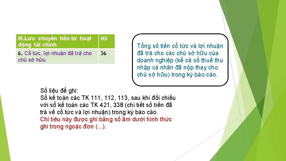 III. Lưu chuyển tiền từ hoạt động tài chính MS 6. Cổ tức, lợi