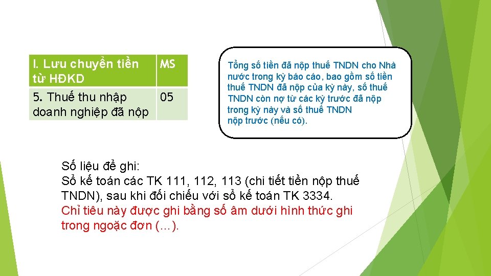 MS I. Lưu chuyển tiền từ HĐKD 5. Thuế thu nhập 05 doanh nghiệp