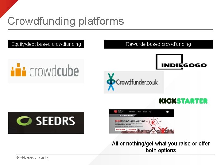 Crowdfunding platforms Equity/debt based crowdfunding Rewards-based crowdfunding All or nothing/get what you raise or