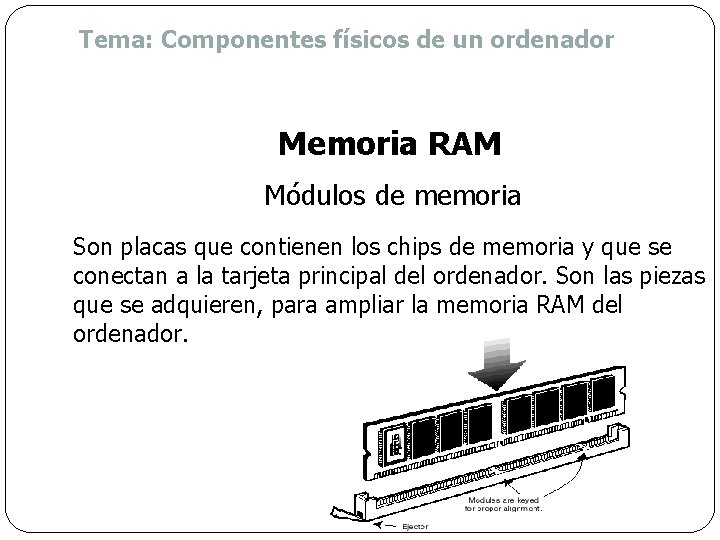 Tema: Componentes físicos de un ordenador Memoria RAM Módulos de memoria Son placas que Tema: Componentes físicos de un ordenador Memoria RAM Módulos de memoria Son placas que