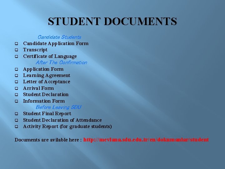 STUDENT DOCUMENTS Candidate Students Candidate Application Form q Transcript q Certificate of Language After