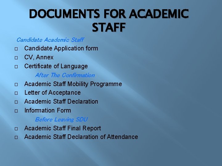 DOCUMENTS FOR ACADEMIC STAFF Candidate Academic Staff Candidate Application form � CV, Annex �