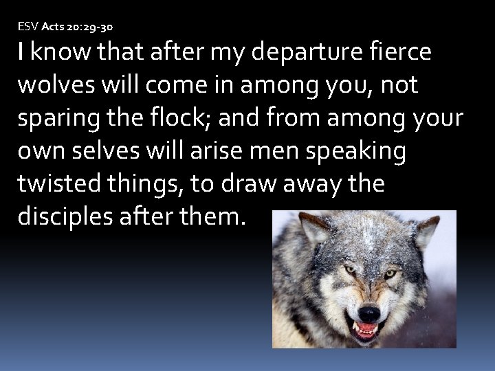 ESV Acts 20: 29 -30 I know that after my departure fierce wolves will