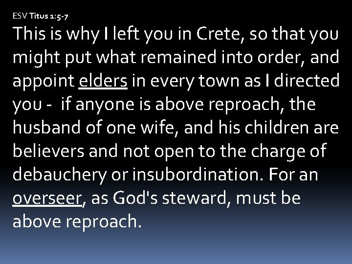 ESV Titus 1: 5 -7 This is why I left you in Crete, so