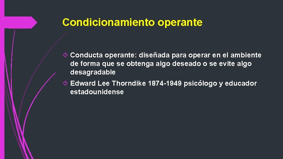 Condicionamiento operante Conducta operante: diseñada para operar en el ambiente de forma que se