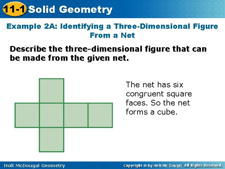 11 -1 Solid Geometry Example 2 A: Identifying a Three-Dimensional Figure From a Net 11 -1 Solid Geometry Example 2 A: Identifying a Three-Dimensional Figure From a Net