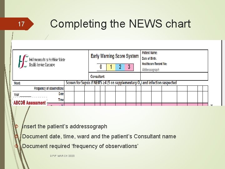 17 Completing the NEWS chart Insert the patient’s addressograph Document date, time, ward and