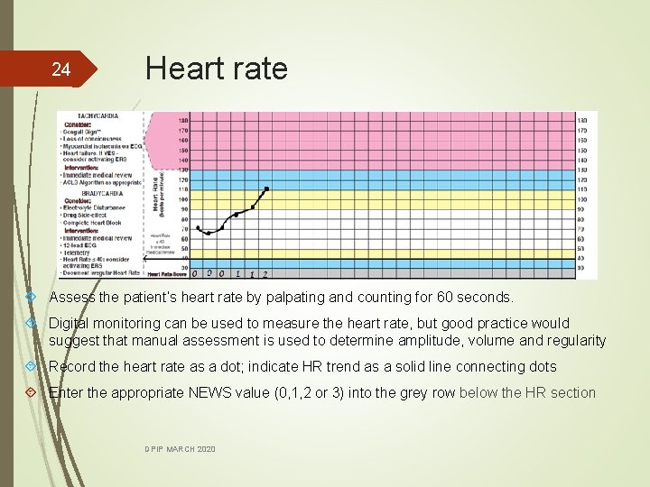 24 Heart rate Assess the patient’s heart rate by palpating and counting for 60