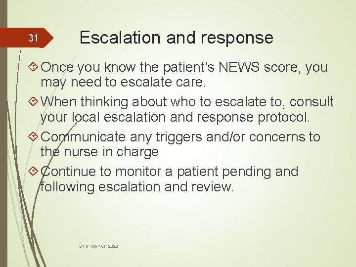 31 Escalation and response Once you know the patient’s NEWS score, you may need