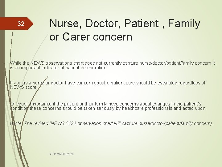 32 Nurse, Doctor, Patient , Family or Carer concern While the NEWS observations chart