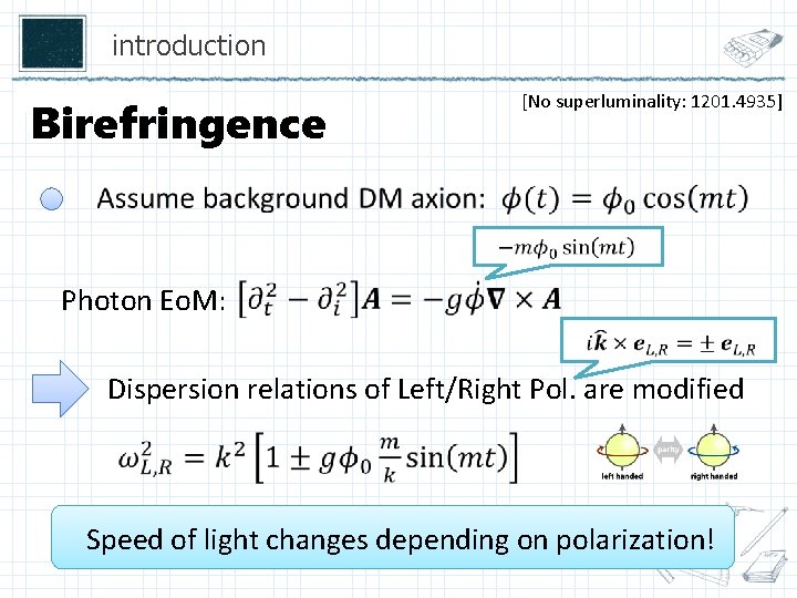 introduction [No superluminality: 1201. 4935] Birefringence Photon Eo. M: Dispersion relations of Left/Right Pol.