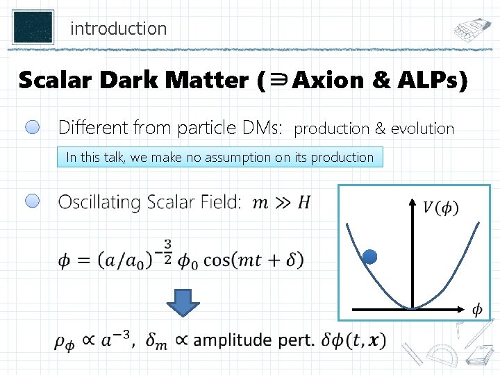 introduction Scalar Dark Matter (∋Axion & ALPs) Different from particle DMs: production & evolution