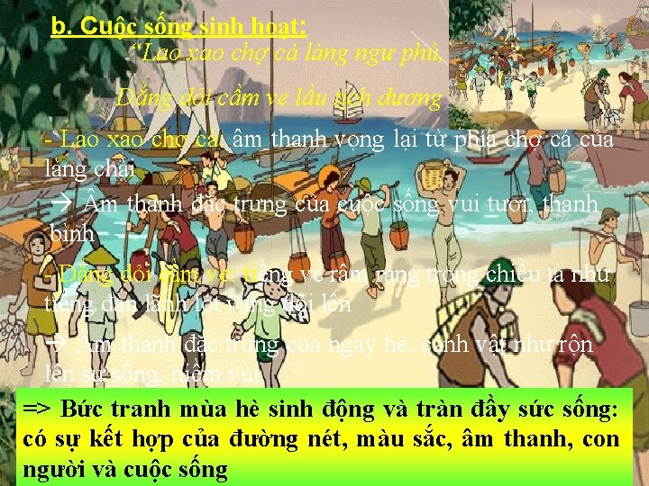 b. Cuộc sống sinh hoạt: “Lao xao chợ cá làng ngư phủ, Dắng dỏi b. Cuộc sống sinh hoạt: “Lao xao chợ cá làng ngư phủ, Dắng dỏi