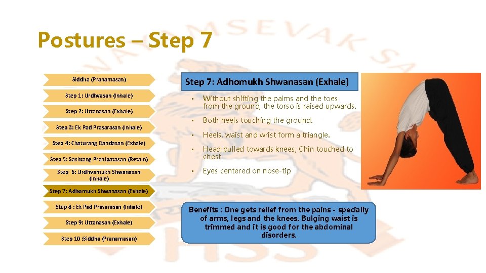 Postures – Step 7 Siddha (Pranamasan) Step 1: Urdhvasan (Inhale) Step 7: Adhomukh Shwanasan